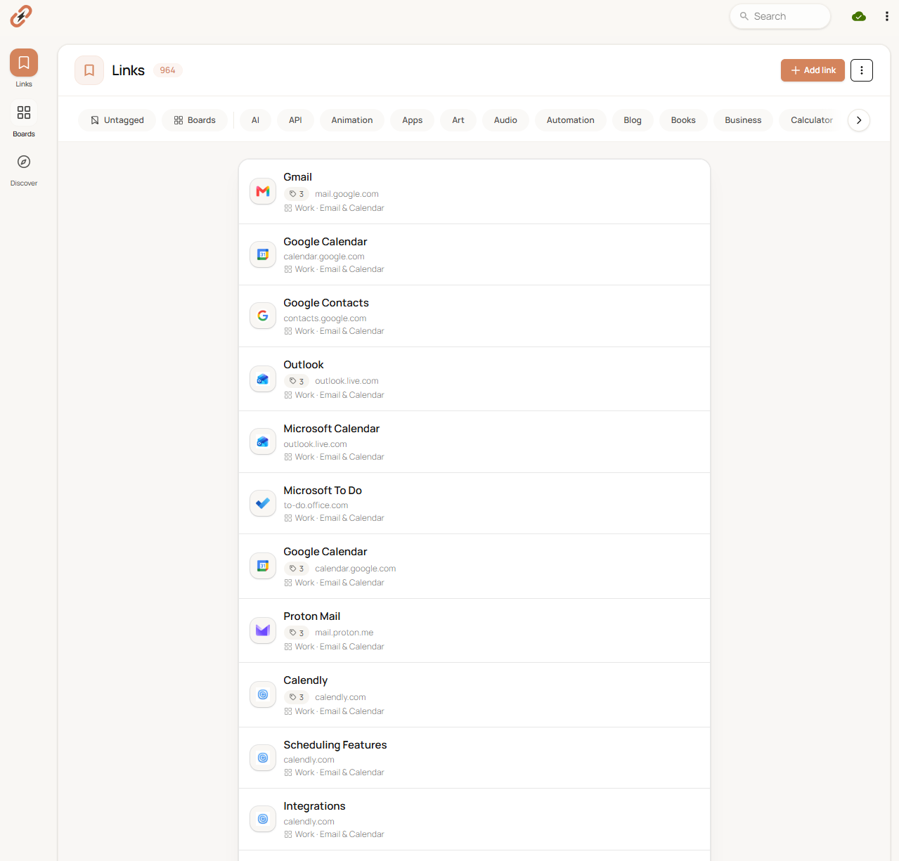 KeepMyLinks simple Links view with saved links and tags