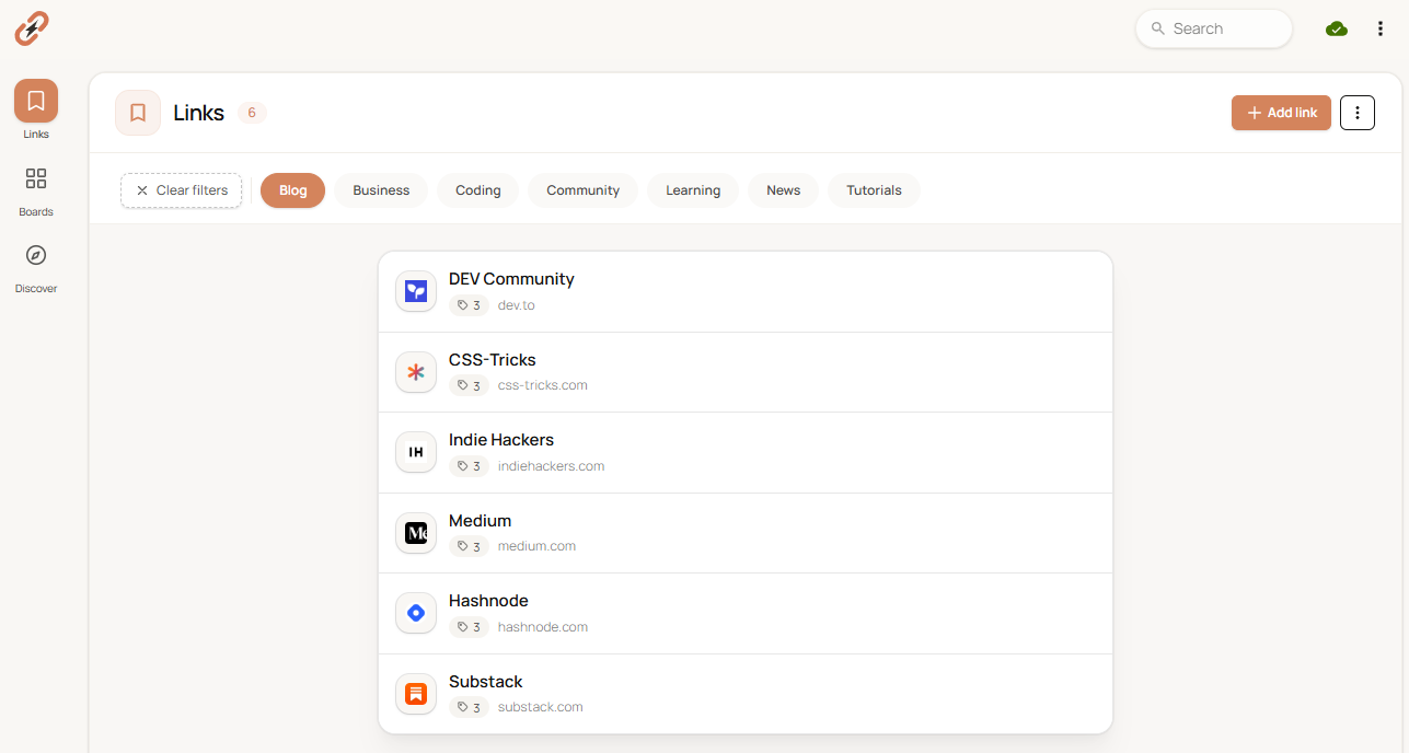 KeepMyLinks filtered Links view showing saved resources