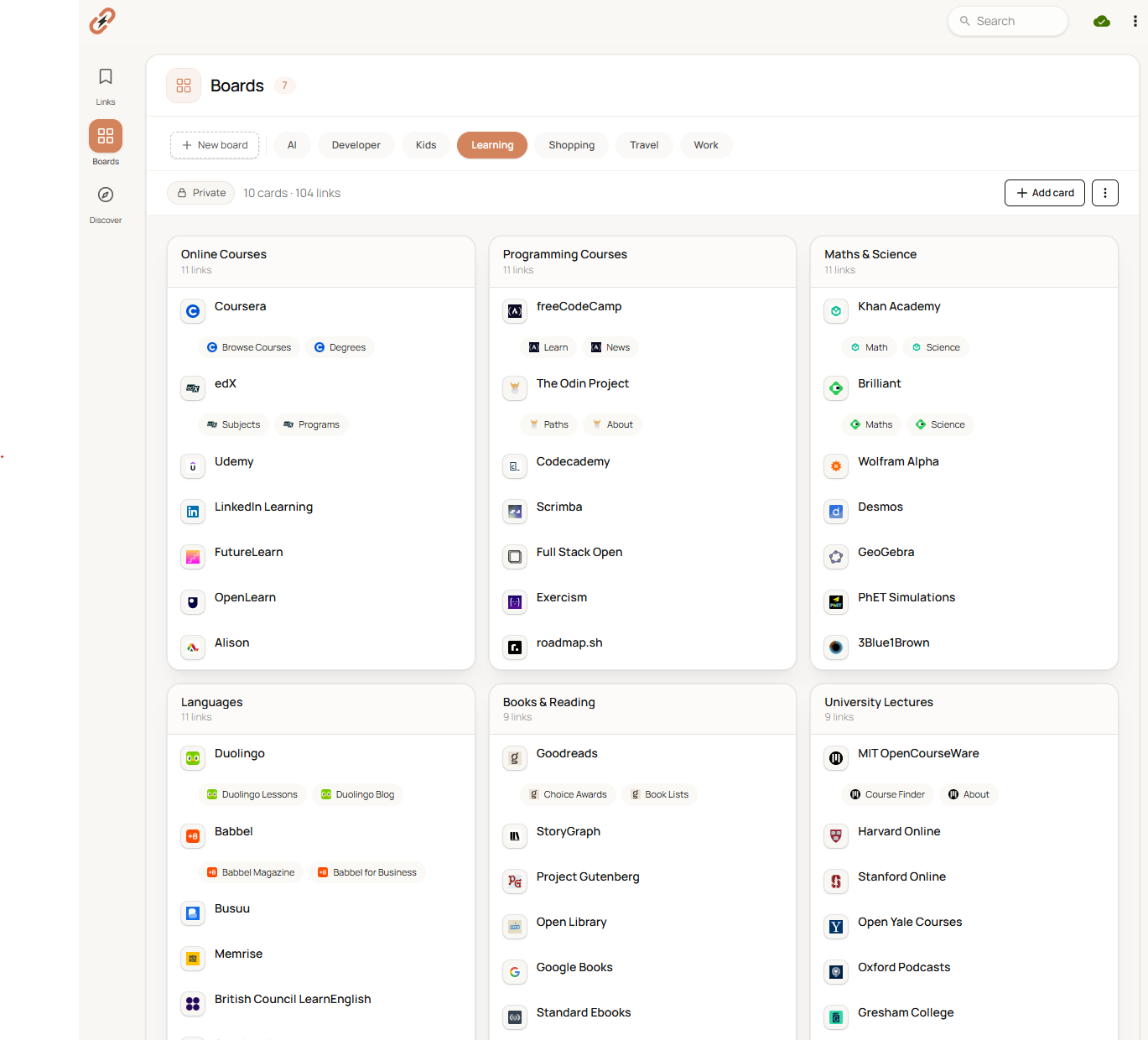 A learning board with links grouped into visual cards